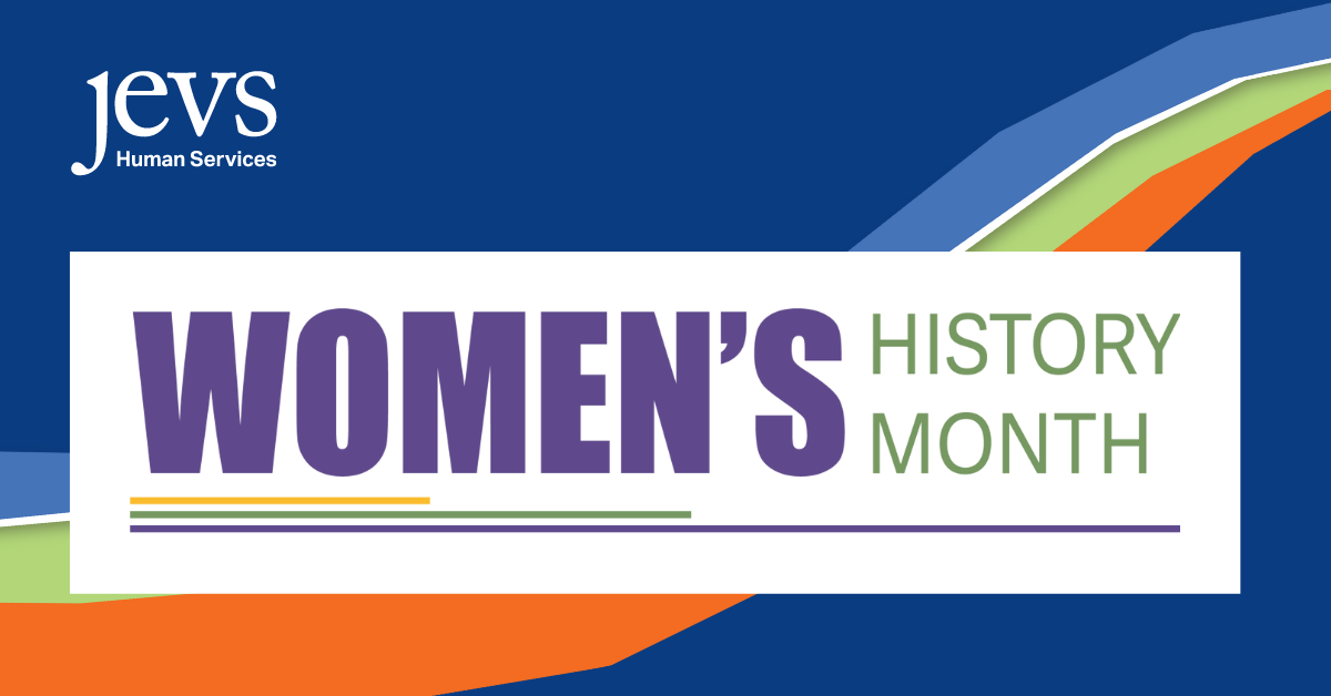 Women's History Month logo in front of JEVS brand colors of blues, green, and orange