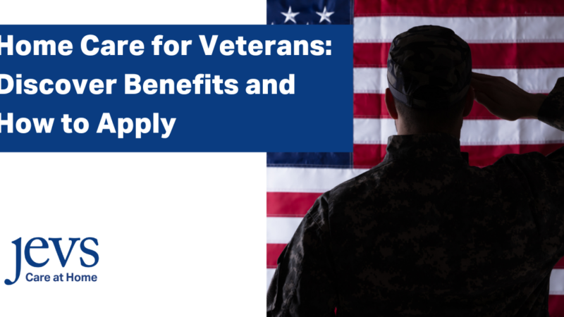 Image description. White background. A navy blue box in the top left corner has the following text in white letters: Home Care for Veterans: Discover Benefits and How to Apply. A picture on the right side of the image is of a Veteran facing a flag and saluting. End description.