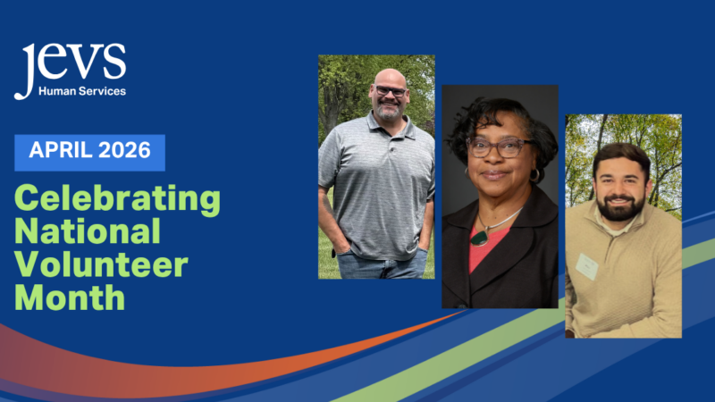 Graphic image text reads "April 2026 Celebrating National Volunteer Month" next to photos of three volunteers.