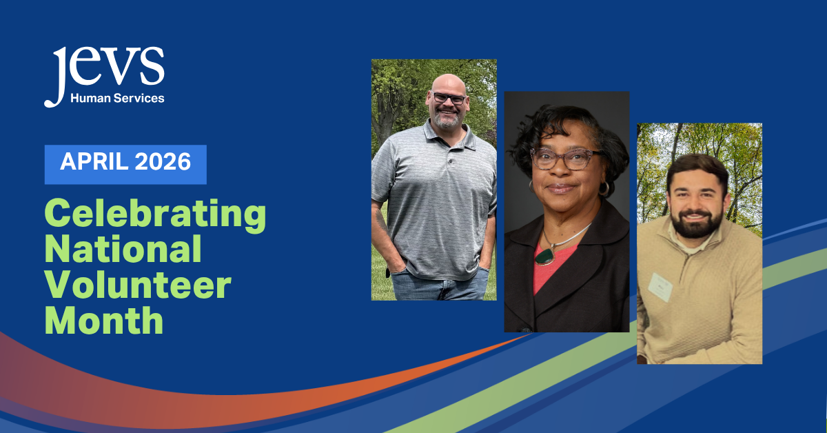 Graphic image text reads "April 2026 Celebrating National Volunteer Month" next to photos of three volunteers.