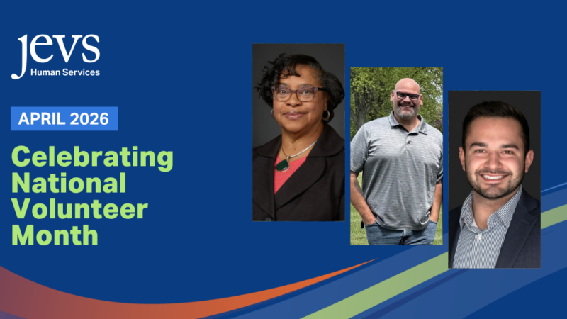 Graphic image text reads "April 2026 Celebrating National Volunteer Month" next to photos of three volunteers.