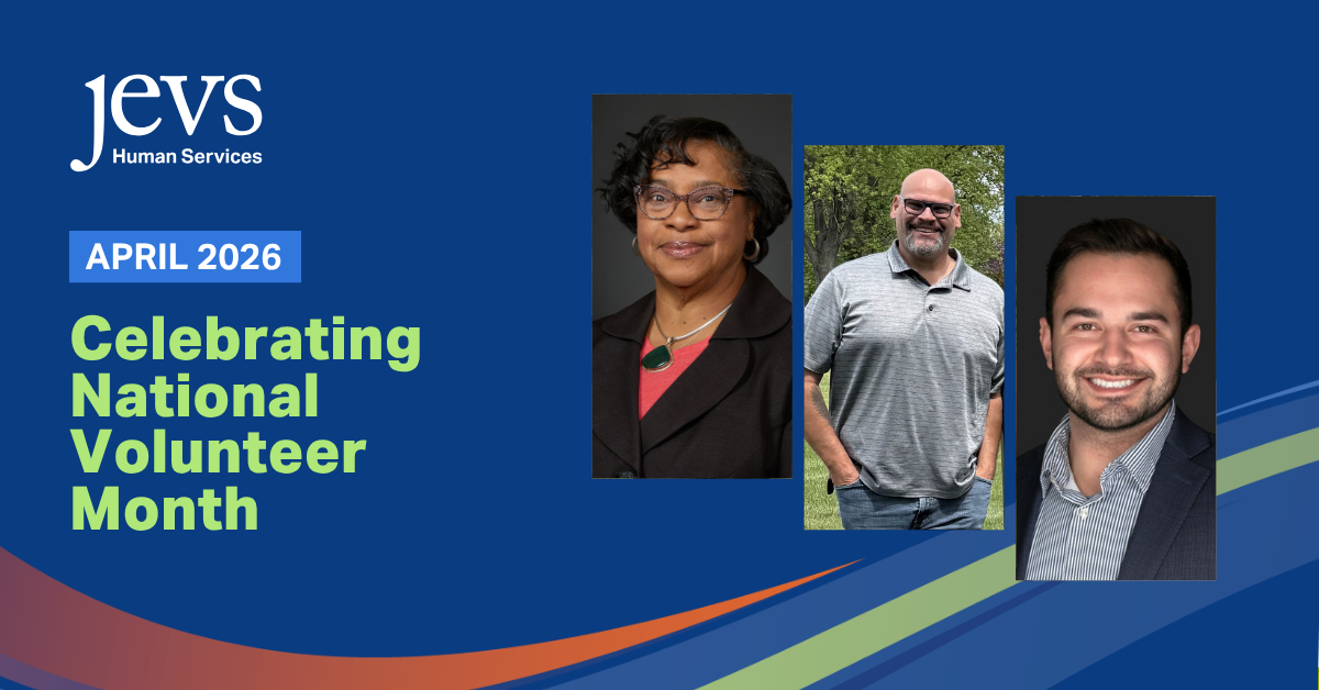 Graphic image text reads "April 2026 Celebrating National Volunteer Month" next to photos of three volunteers.