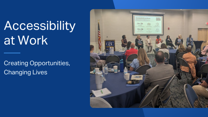 Header image graphic with text reads: "Accessibility at Work - Creating Opportunities, Changing Lives." Graphic includes a photo from the inclusion conference.