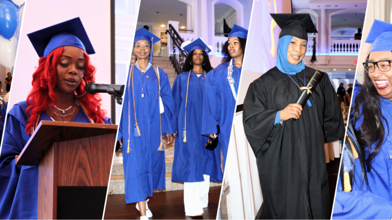 Pictures of students at graduation with cap and gown.