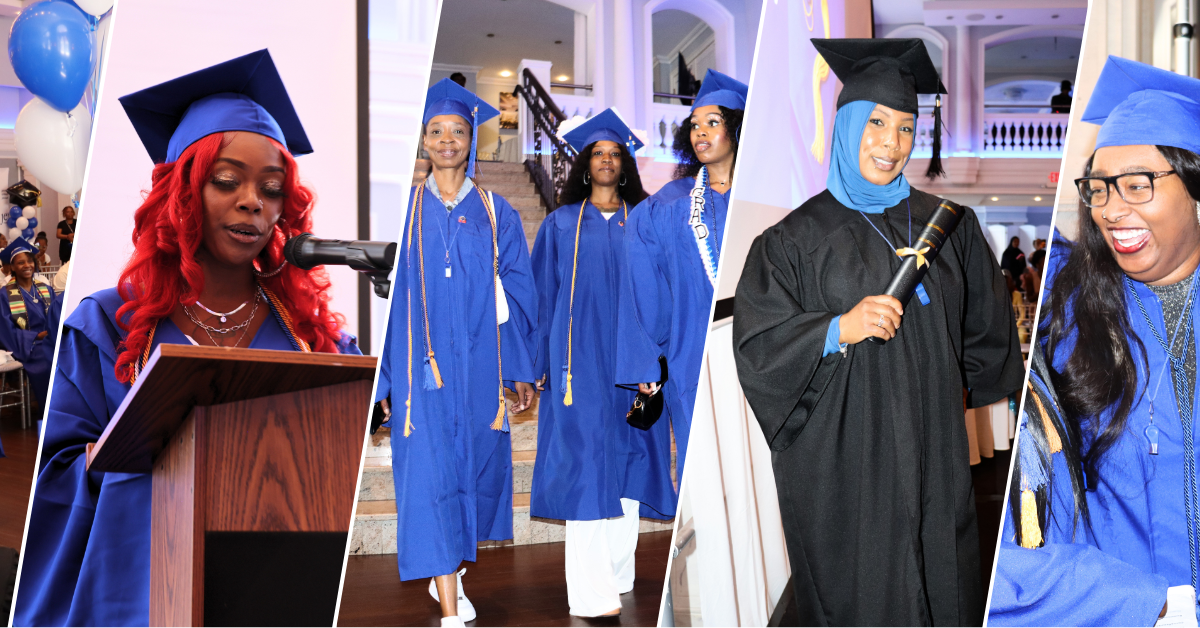 Pictures of students at graduation with cap and gown.