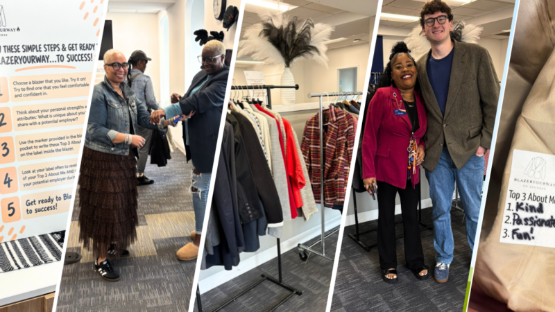 The image contains five pictures from the Blazeryourway event. The first picture shows a sign that details how the event works; the second shows a woman smiling and helping a second woman with her blazer; the third shows a rack of hanging blazers; the four shows two people smiling at the camera; the fifth shows an inside label on one of the blazer with the list of that person's strengths.