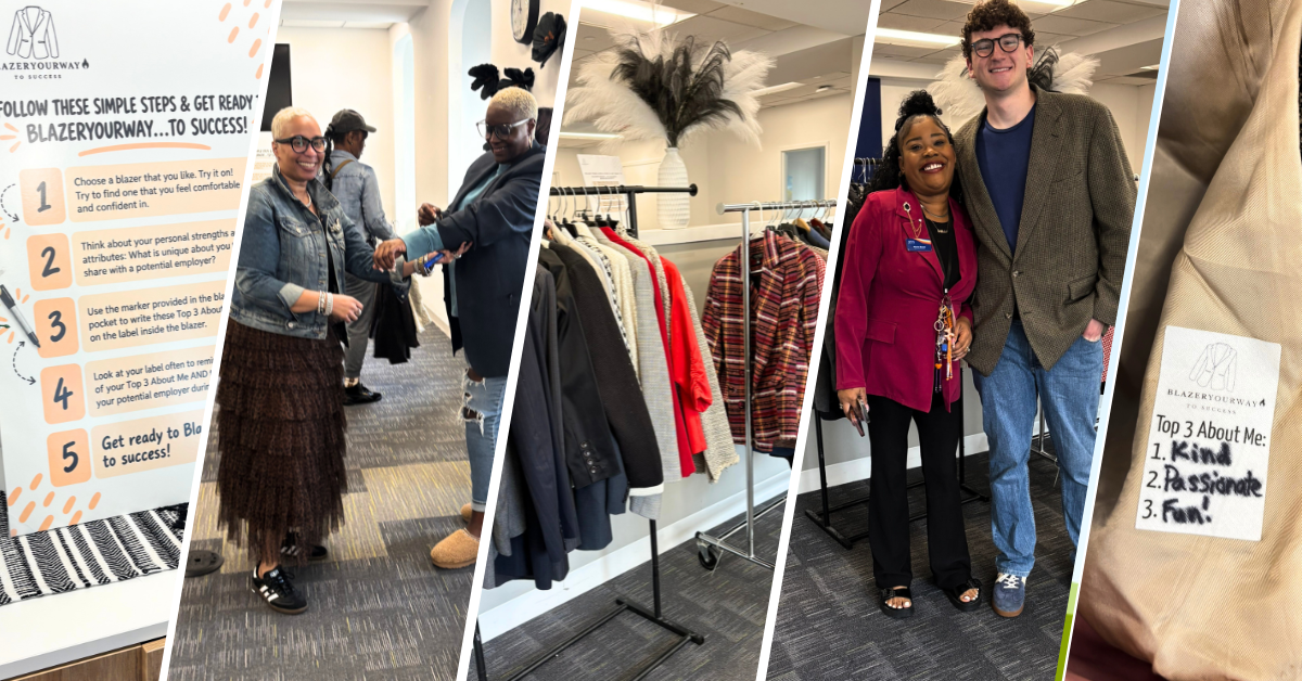 The image contains five pictures from the Blazeryourway event. The first picture shows a sign that details how the event works; the second shows a woman smiling and helping a second woman with her blazer; the third shows a rack of hanging blazers; the four shows two people smiling at the camera; the fifth shows an inside label on one of the blazer with the list of that person's strengths.